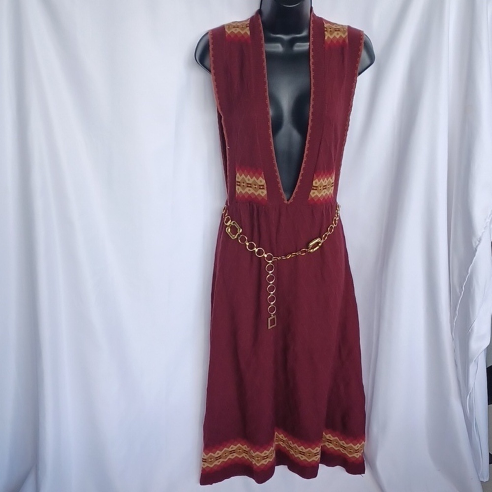 Molly Bracken Maroon Tan V neck Sweater Dress, Small, 17" PTP, 45" L, Stretchy